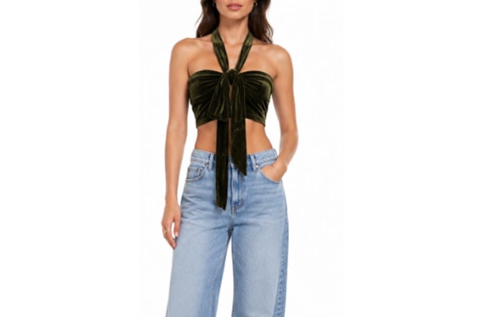 New LE LIS Women's Green Velvet Cut Out Halter Bow Tie Crop Top Size M